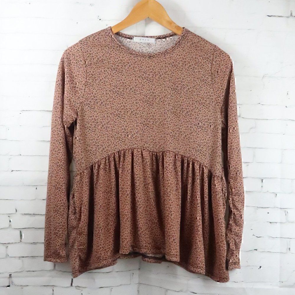 GAZE BROWN LEOPARD PRINT ANIMAL PRINT LONG SLEEVE ROUND NECK SMOCK TOP SIZE S